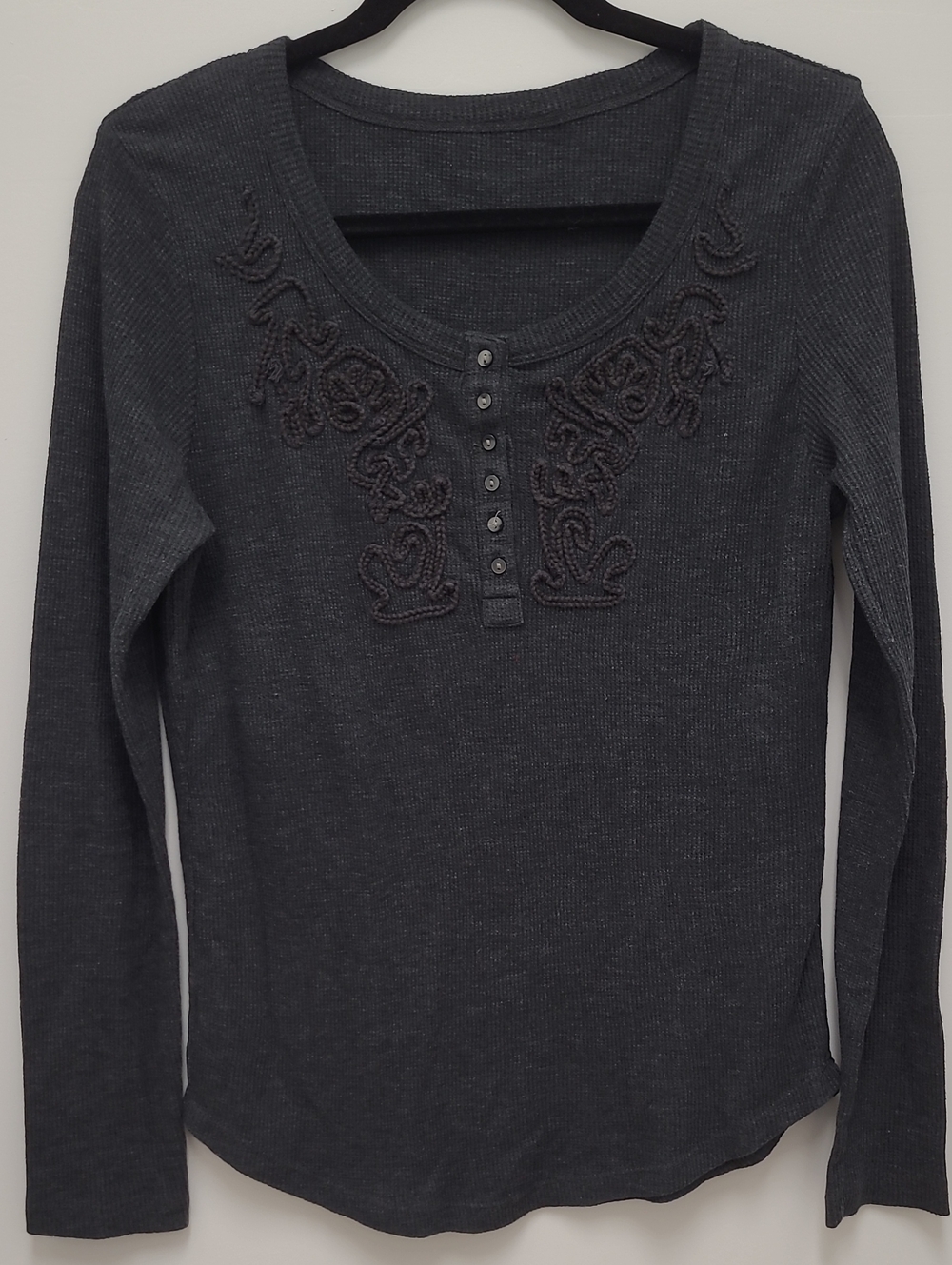 Women's Dark Gray Embroidered Henley Long-Sleeve Top